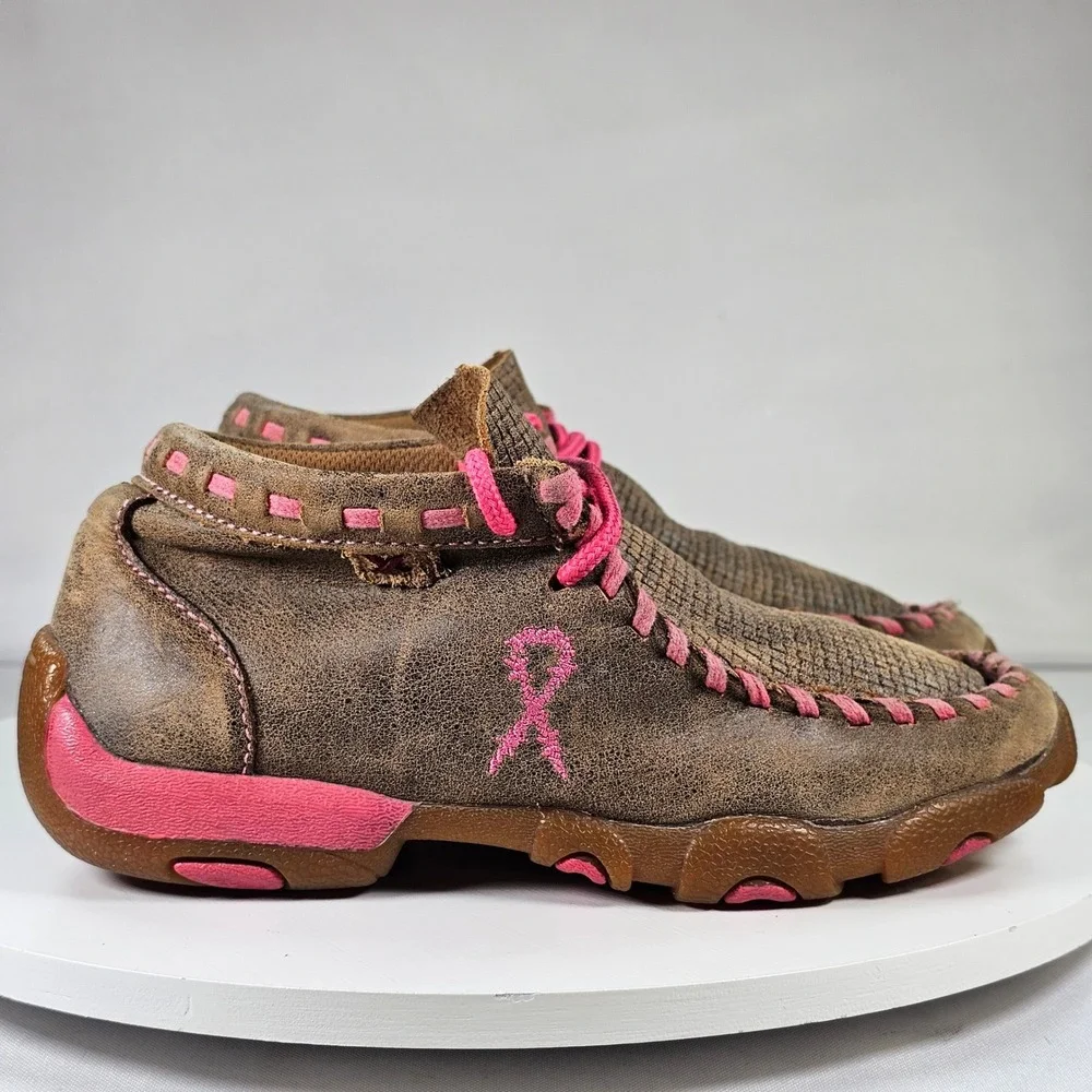 Twisted X‎ Kids Driving Moc Brown Pink Breast Cancer Ribbon Shoes YDM0026 12.5M